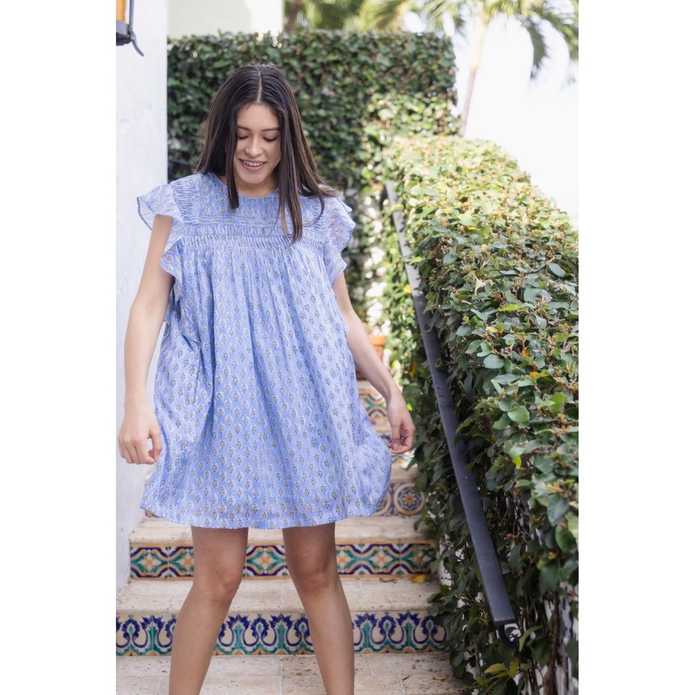Erica Wilson Nantucket Blue  Print Cotton Smocked Mini Dress Women's M/L $248